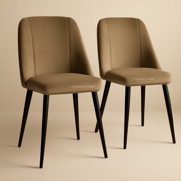 Two brown chairs with black legs on a beige background