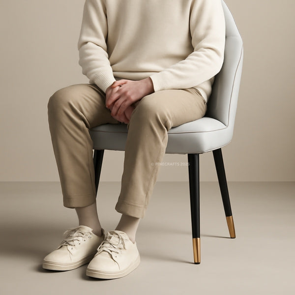 Person sitting on a chair wearing a beige sweater, pants, and shoes against a neutral background