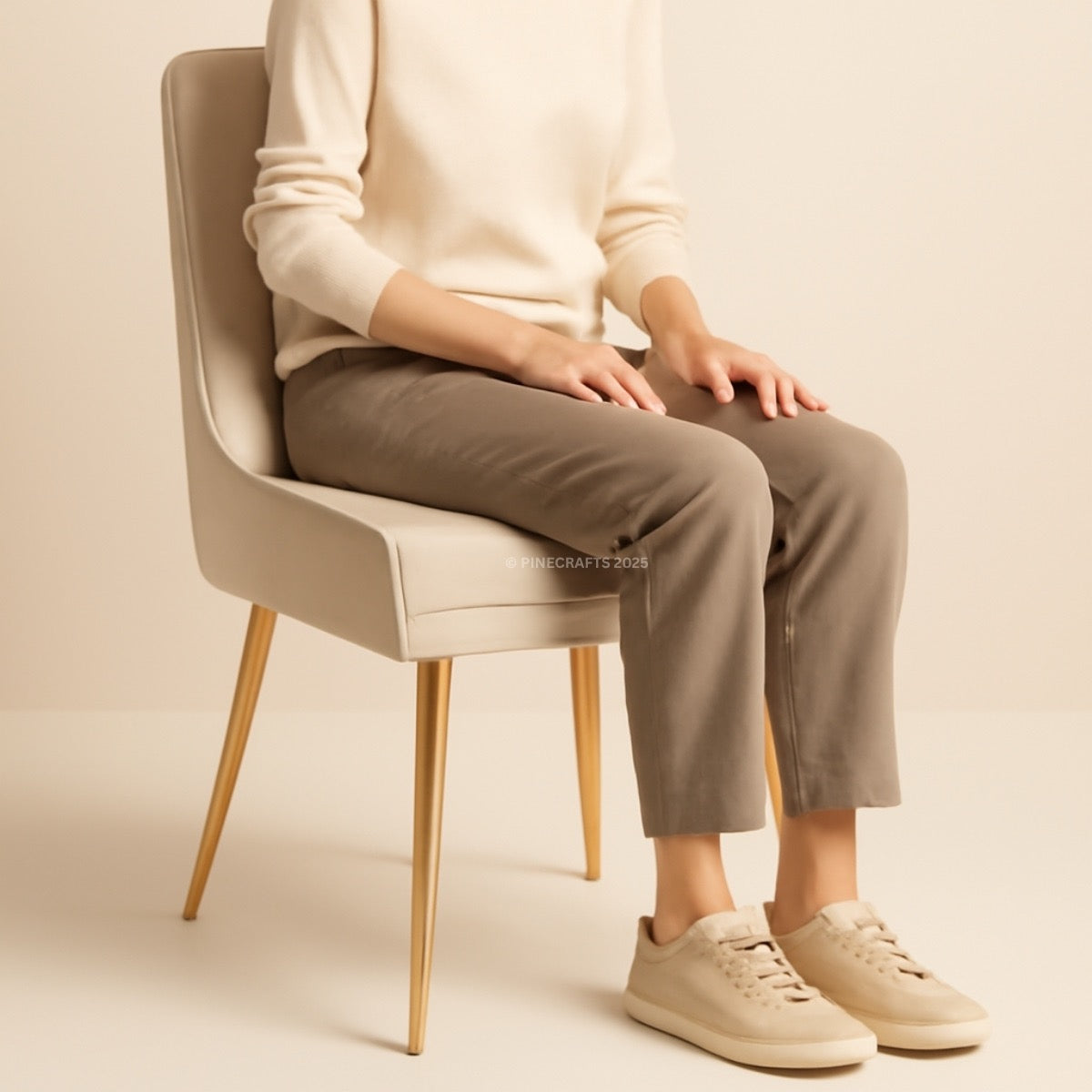Person sitting on a beige chair wearing a white sweater, brown pants, and beige sneakers.