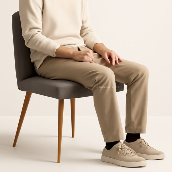 Person sitting on a chair wearing beige pants and shoes against a plain background
