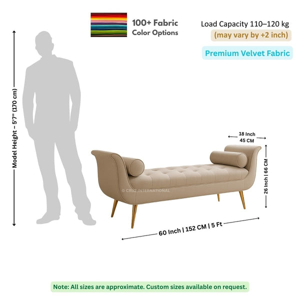 Beige bench with dimensions and fabric information on a white background