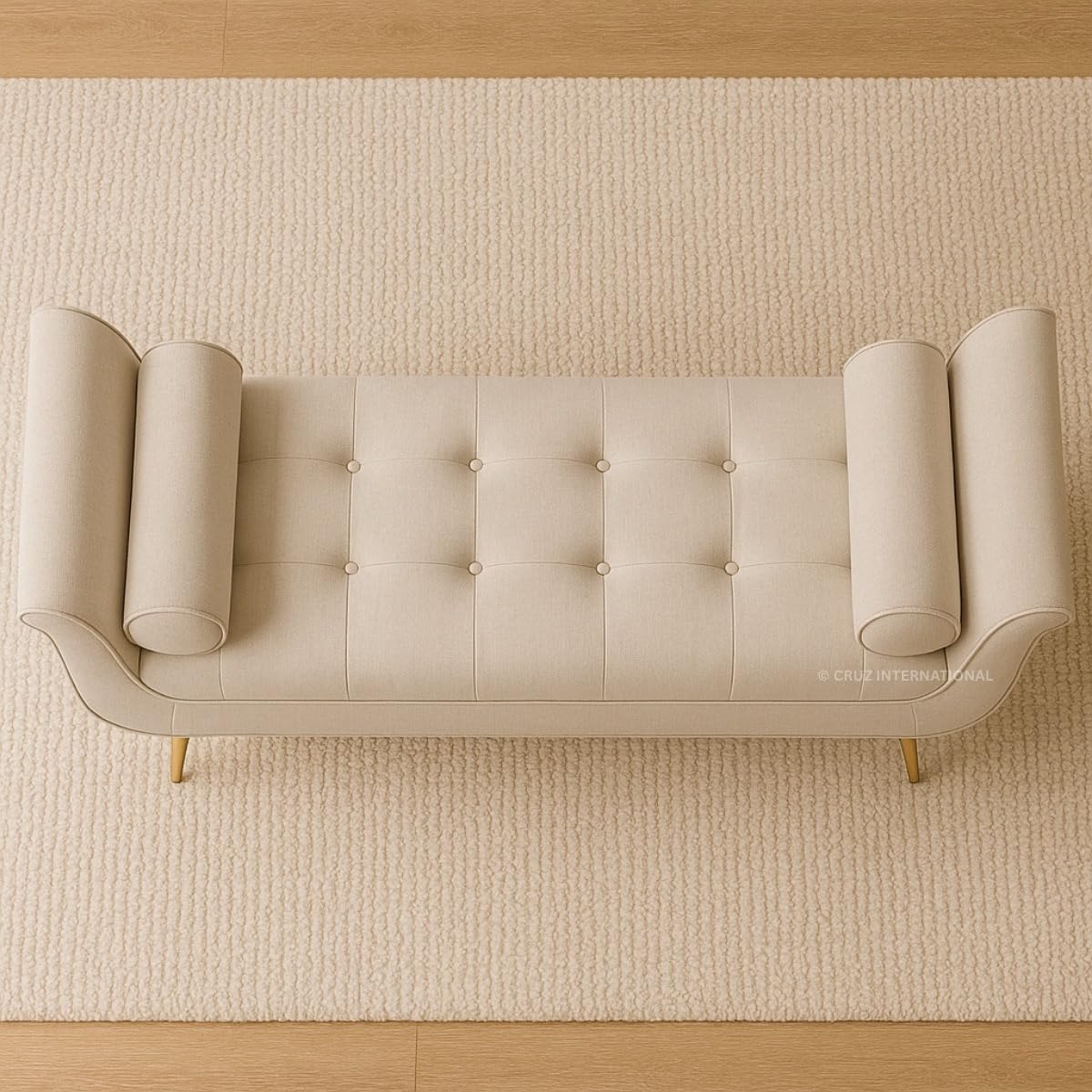 Beige tufted bench on a textured beige carpet