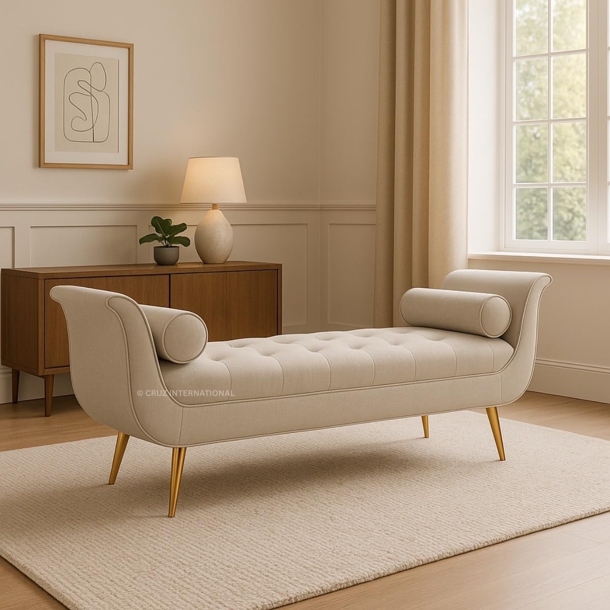 Beige upholstered bench in a room with a wooden cabinet and window.