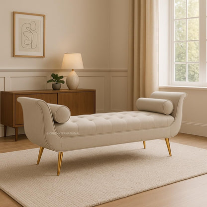 Beige upholstered bench in a room with a wooden cabinet and window.
