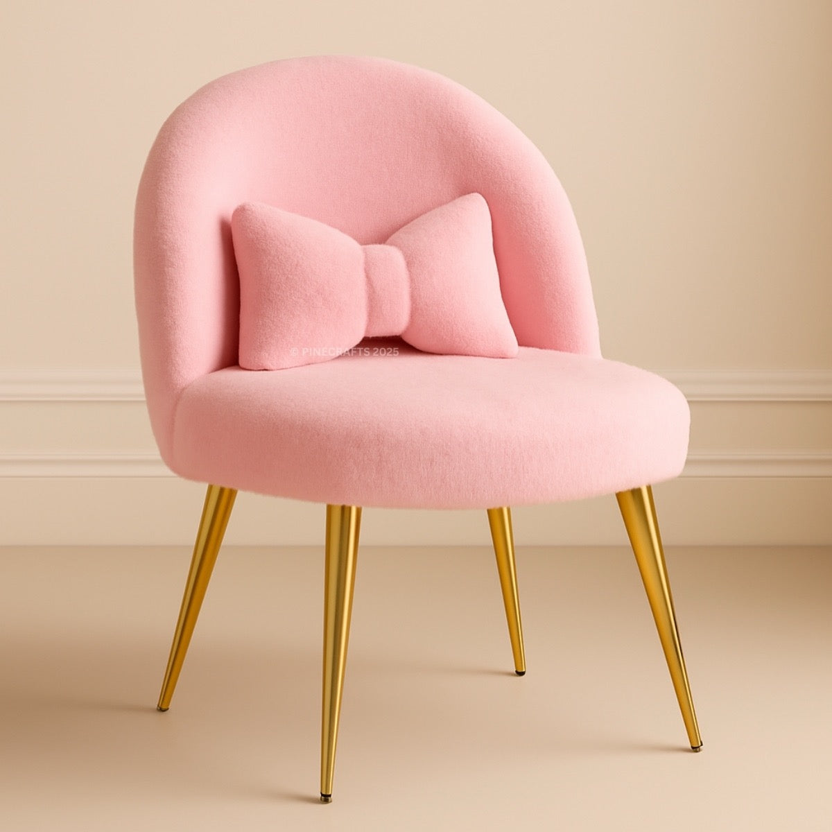 Pink chair with a large bow on a beige background