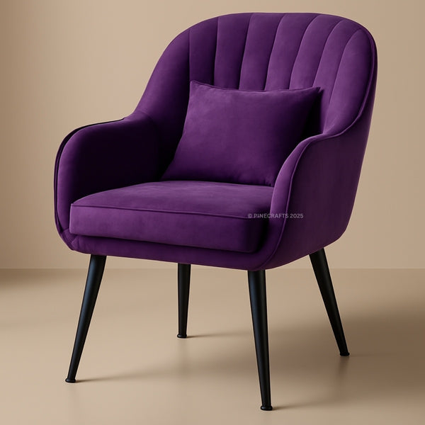 Purple armchair with a matching pillow on a beige background