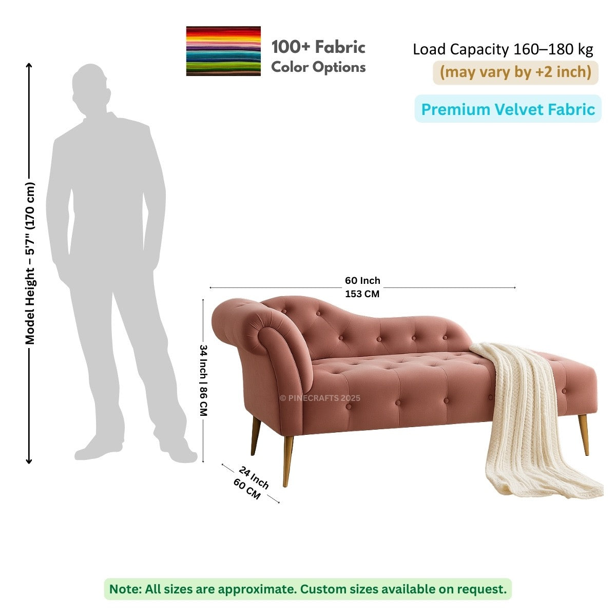 Brown sofa with dimensions and fabric information on a white background