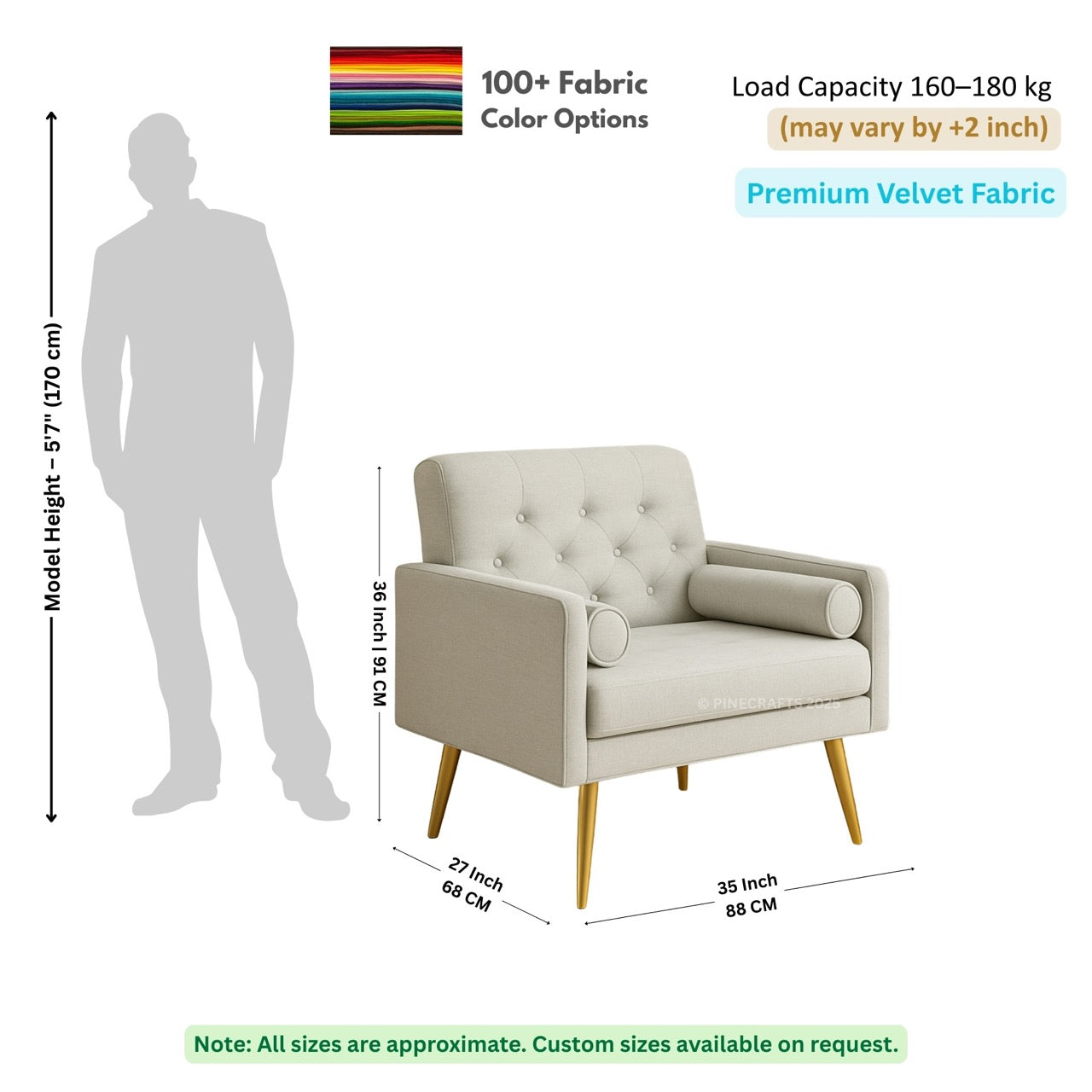 Beige armchair with dimensions, fabric color options, and load capacity information on a white background.