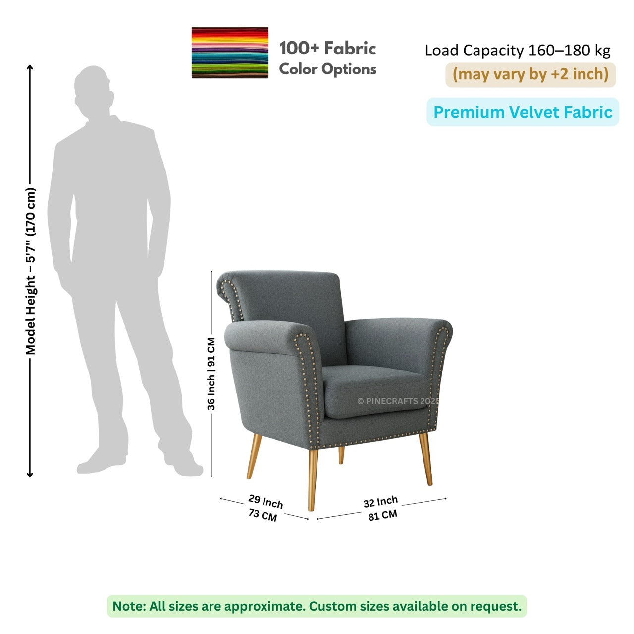 Gray armchair with dimensions and fabric information on a white background