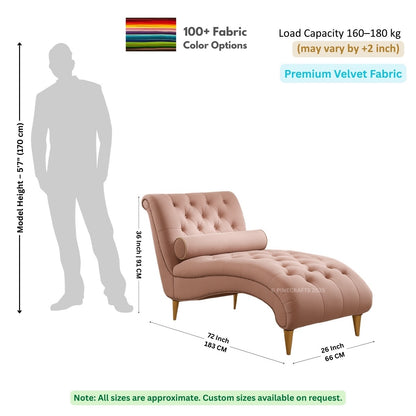 Chaise lounge with dimensions and fabric information on a white background