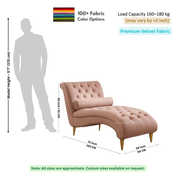 Chaise lounge with dimensions and fabric information on a white background