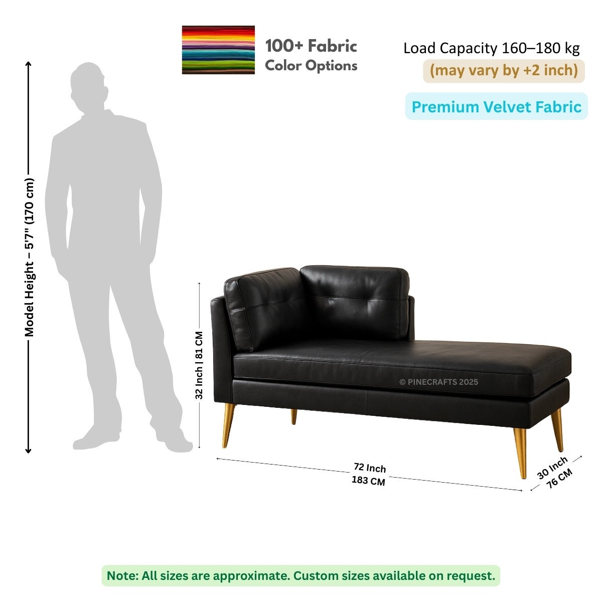 Black sofa with dimensions and fabric information on a white background