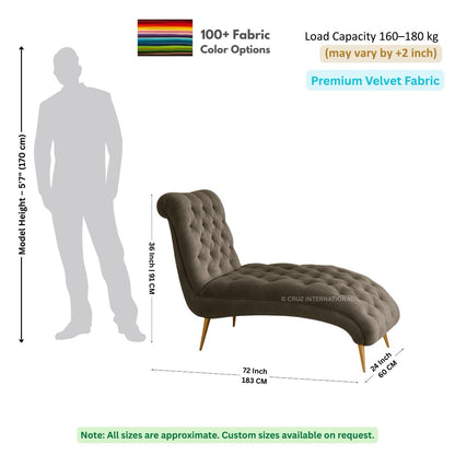 Brown chaise lounge with dimensions and fabric information on a white background