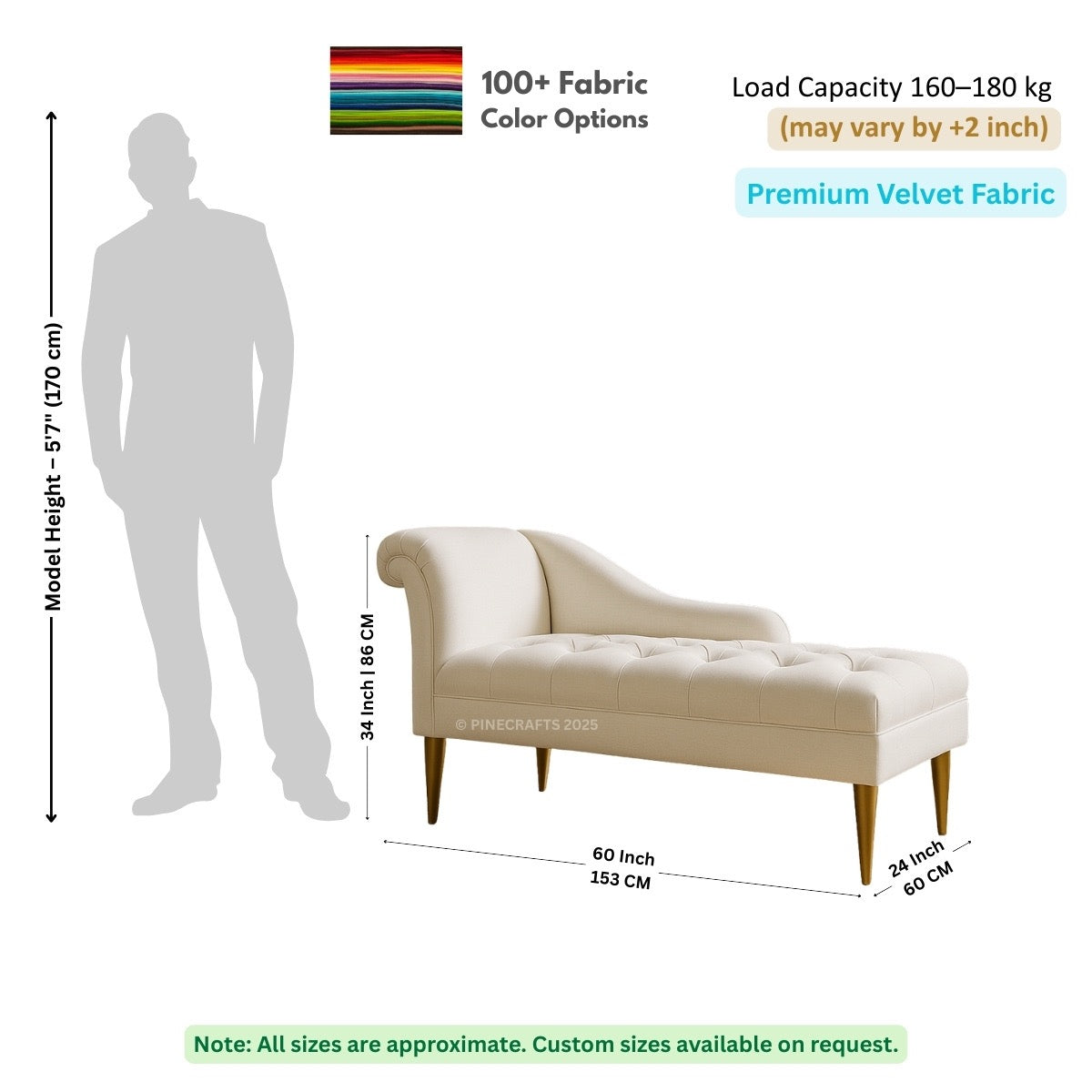 Beige chaise lounge with dimensions and fabric information on a white background