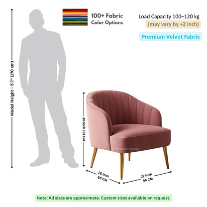 Pink armchair with dimensions and fabric information on a white background