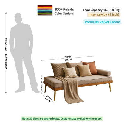 Measurement chart of a sofa with a person for scale, showing dimensions and fabric information.