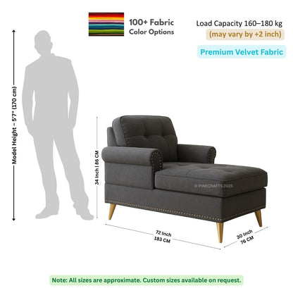 Gray armchair with dimensions and fabric information on a white background