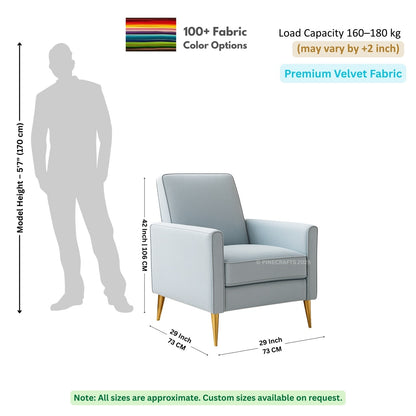 Gray armchair with dimensions and fabric information on a white background