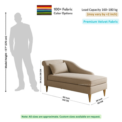 Beige chaise lounge with dimensions and fabric information on a white background