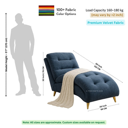 Blue chaise lounge with dimensions and fabric information on a white background