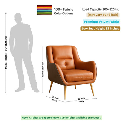 Brown armchair with dimensions and fabric information on a white background