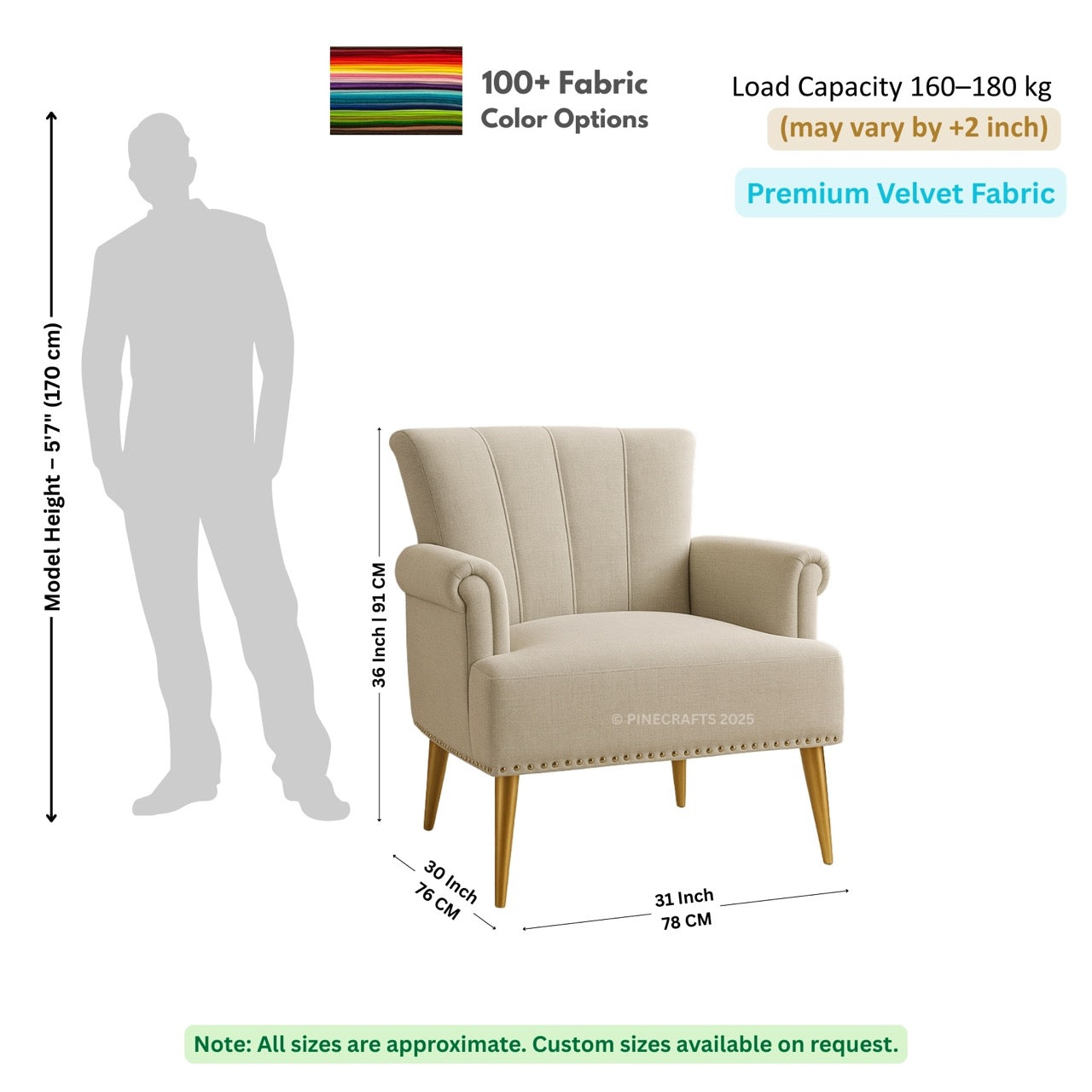 Beige armchair with dimensions and fabric information on a white background