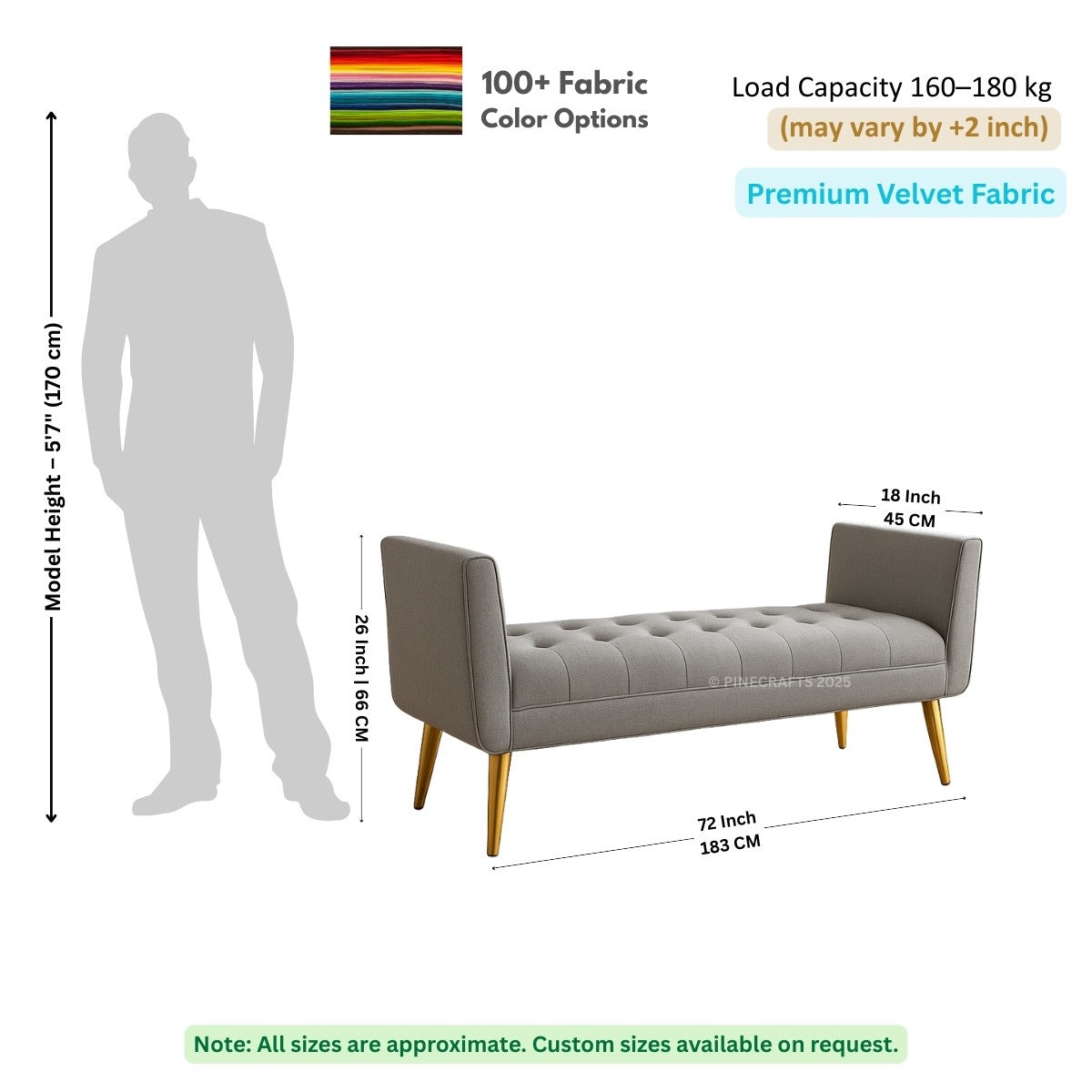 Gray bench with dimensions and fabric information on a white background