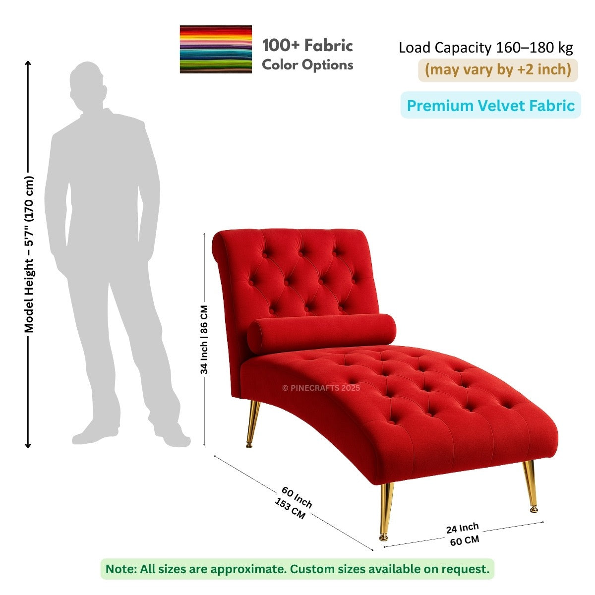 Red chaise lounge with dimensions and fabric information on a white background