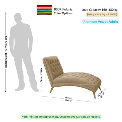 Chaise lounge with dimensions and fabric information on a white background