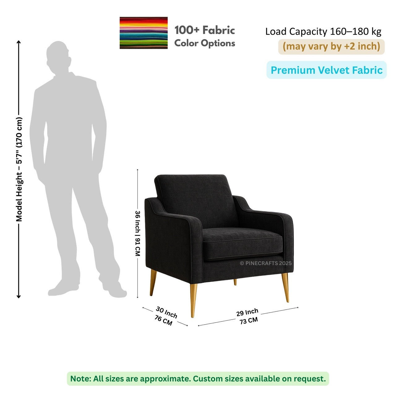 Black armchair with dimensions and fabric information on a white background
