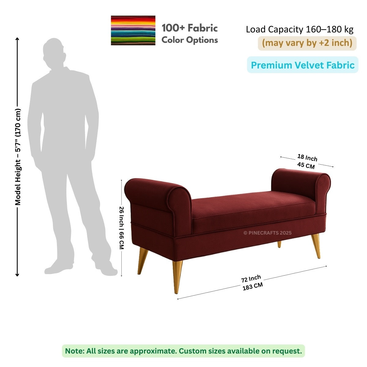 Red bench with dimensions and fabric information on a white background
