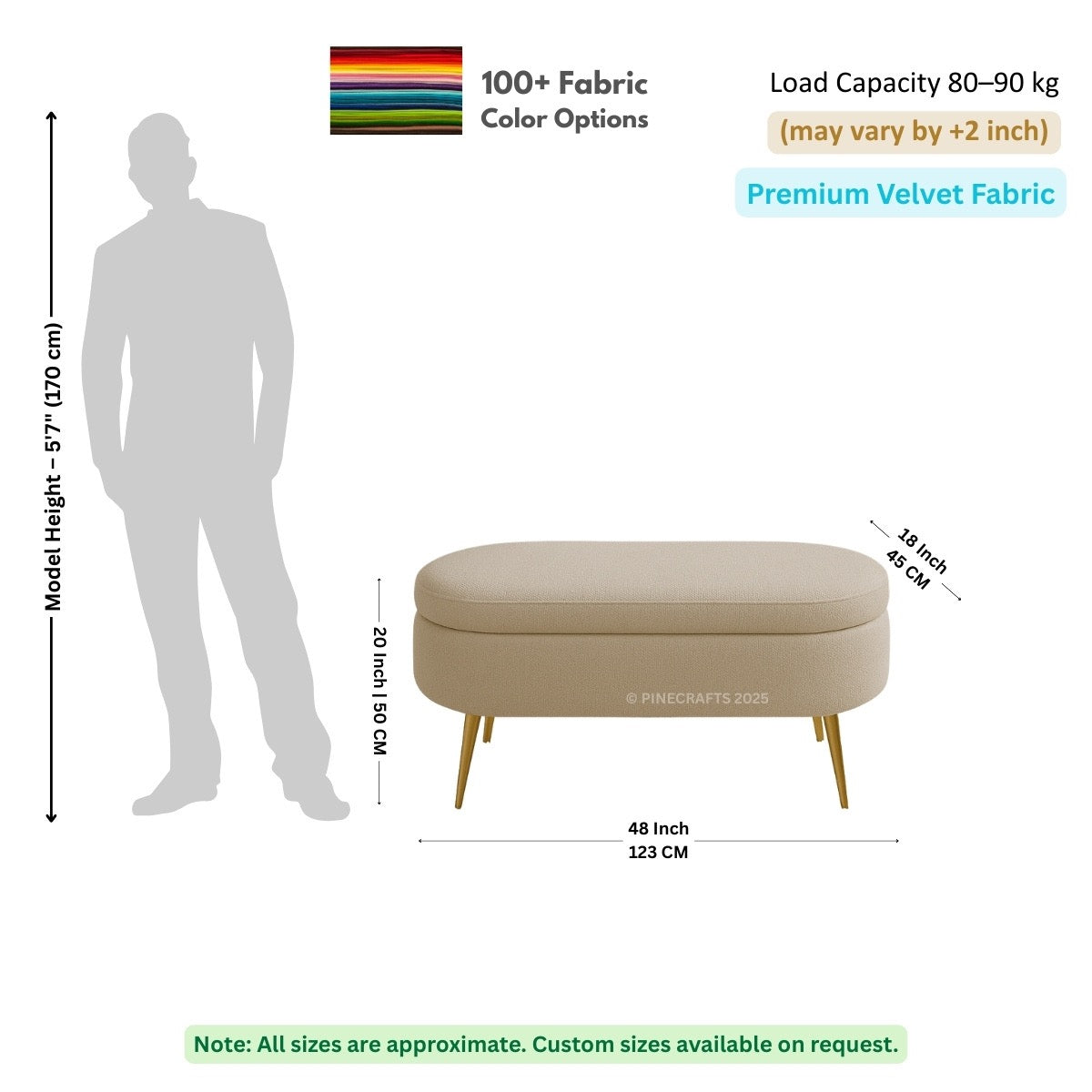 Beige ottoman with dimensions and fabric information on a white background