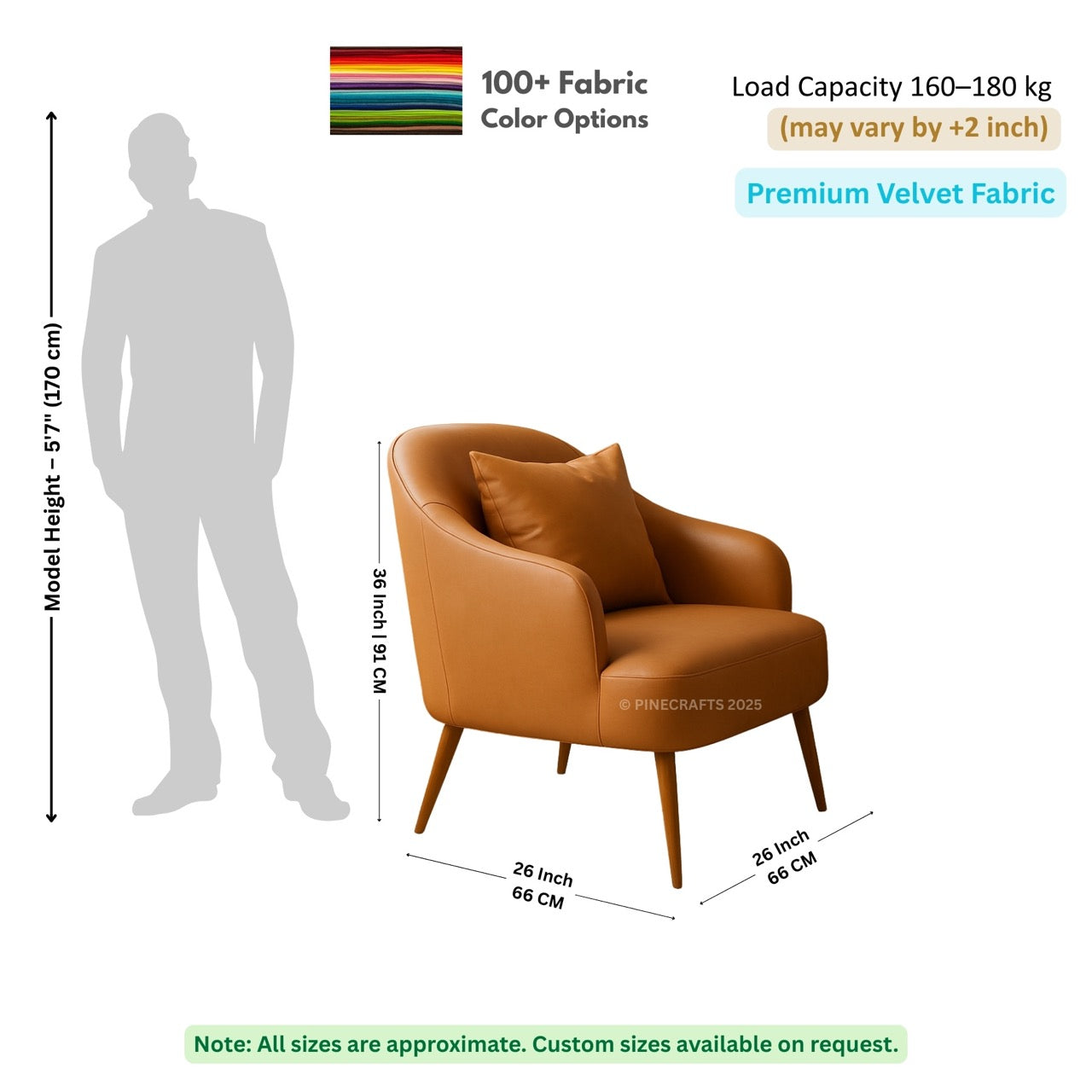 Brown armchair with dimensions and fabric information on a white background