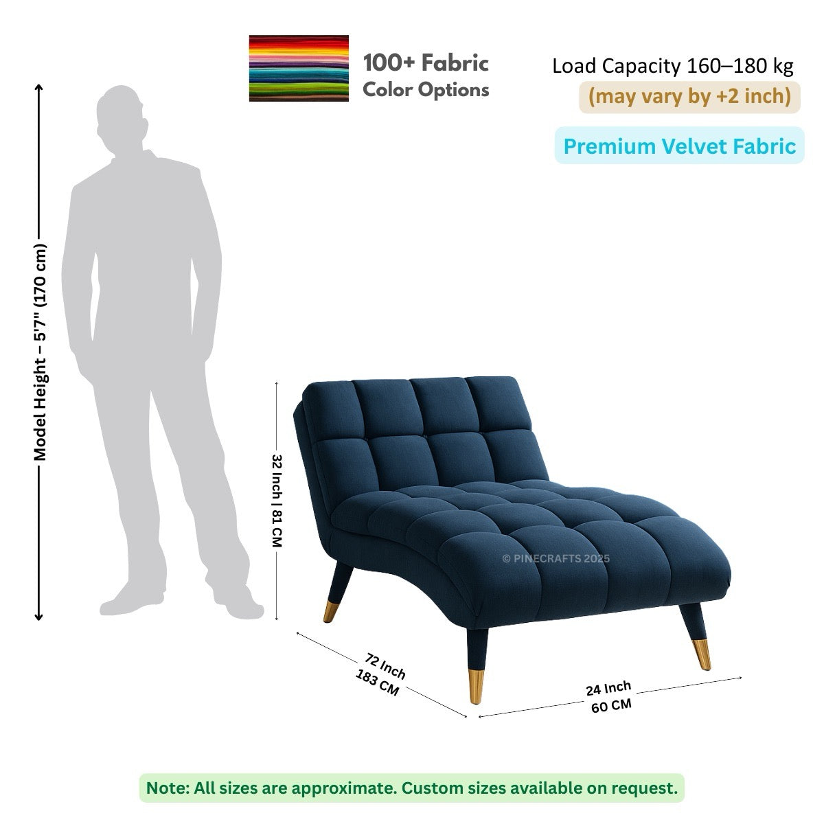 Navy blue upholstered chair with dimensions and fabric information on a white background