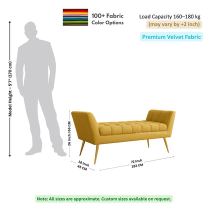 Yellow bench with dimensions and fabric information on a white background
