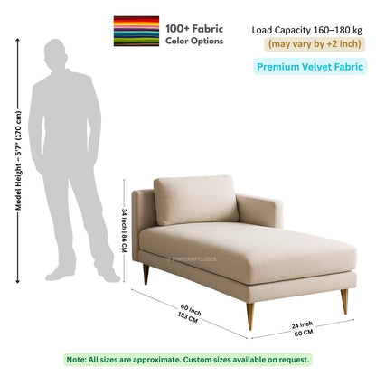 Beige chaise lounge with dimensions and fabric information on a white background
