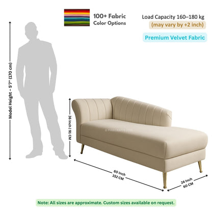 Beige sofa with dimensions and fabric information on a white background