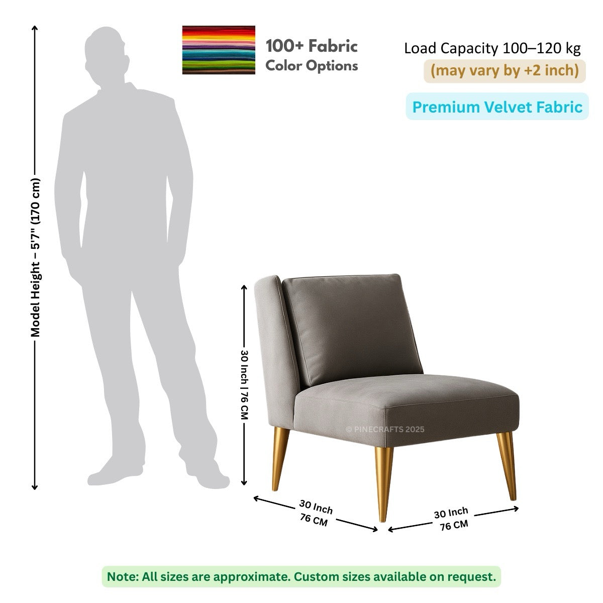 Gray chair with dimensions and fabric information on a white background