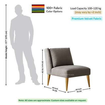 Gray chair with dimensions and fabric information on a white background