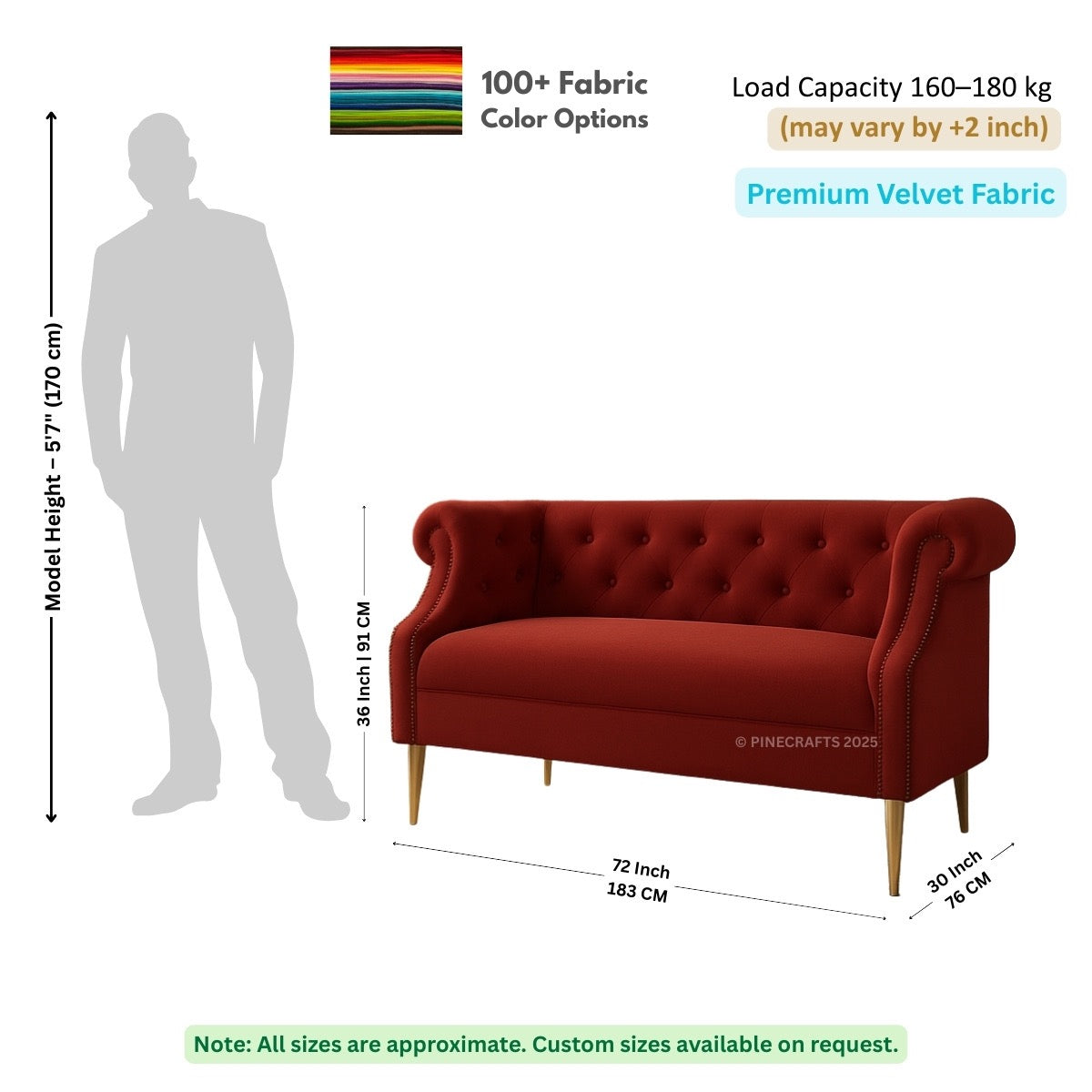 Red sofa with dimensions and fabric information on a white background