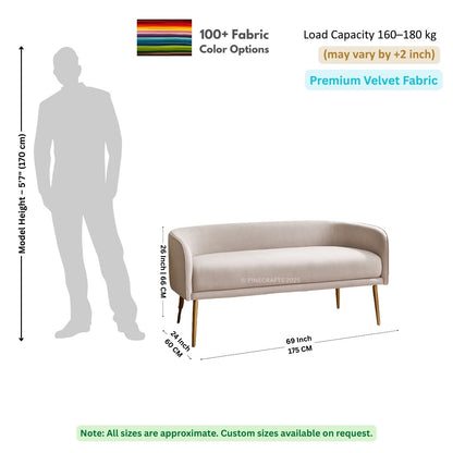 Beige sofa with dimensions and fabric information on a white background