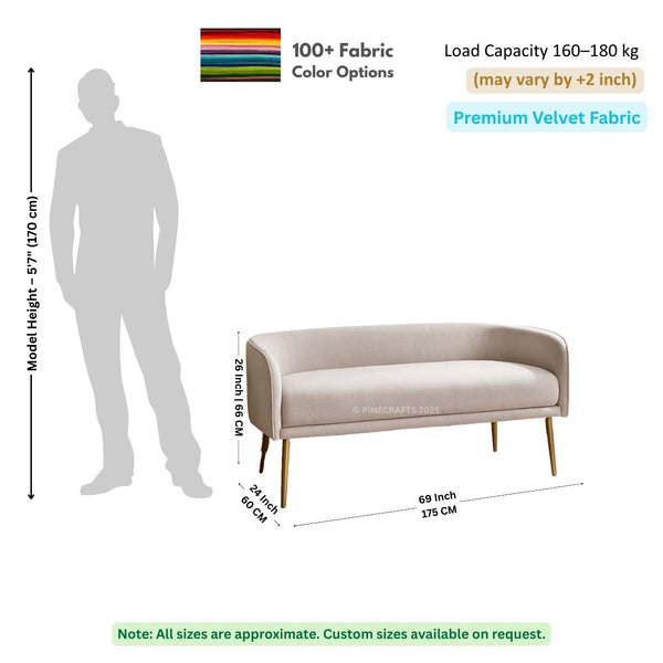 Beige sofa with dimensions and fabric information on a white background
