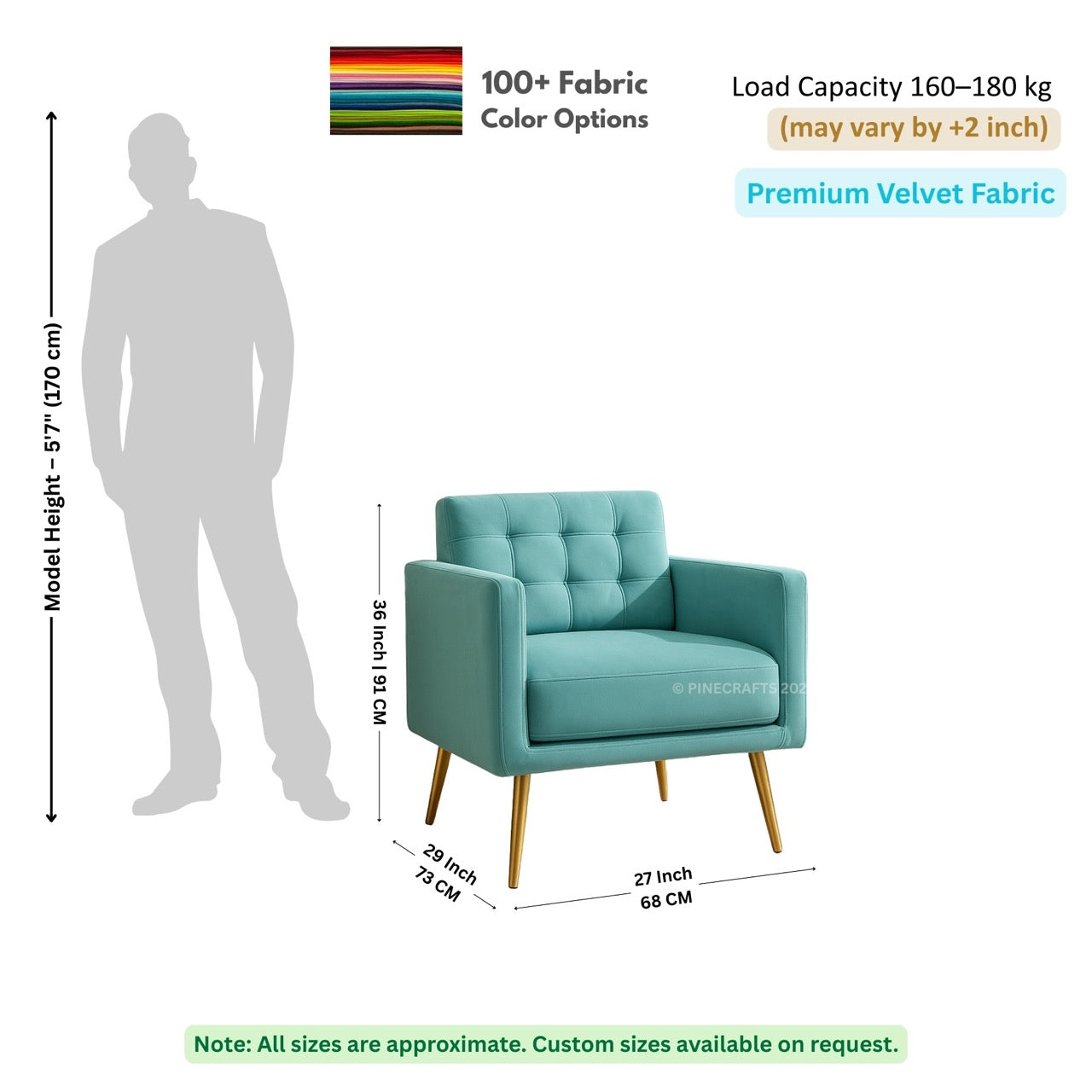 Teal armchair with dimensions and fabric information on a white background