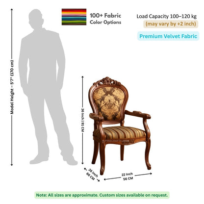 Decorative chair with dimensions and fabric information on a white background