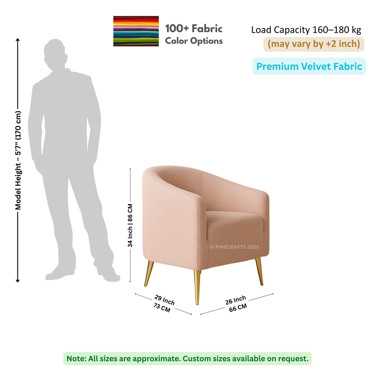 Chair dimensions with a human figure for scale, showing fabric color options and load capacity.