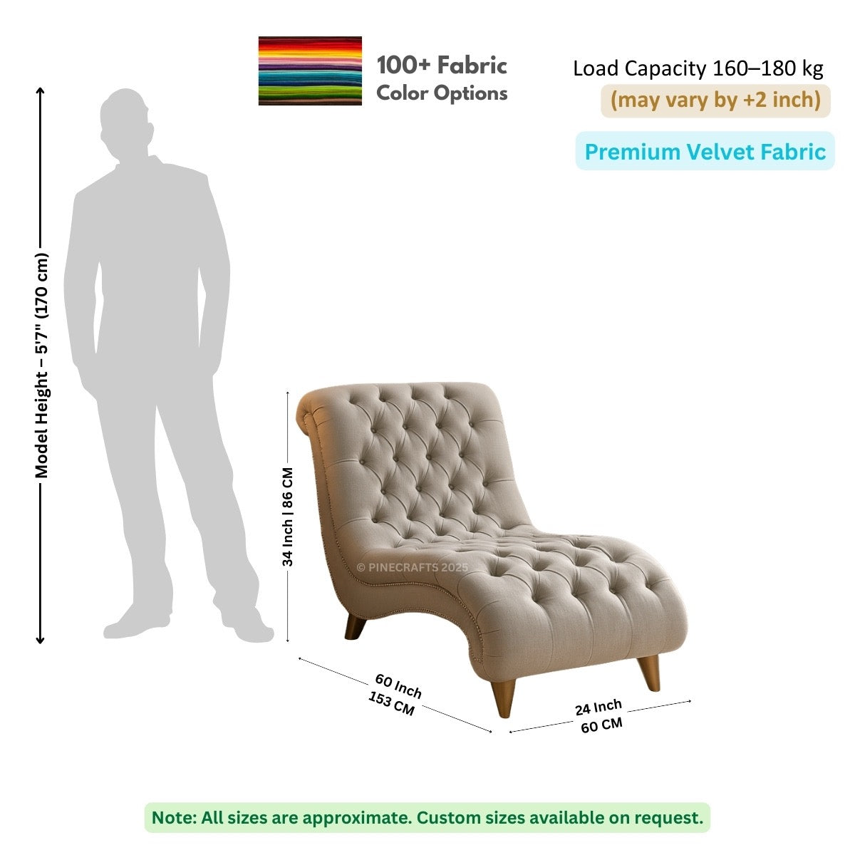 Chaise lounge with dimensions and fabric information on a white background