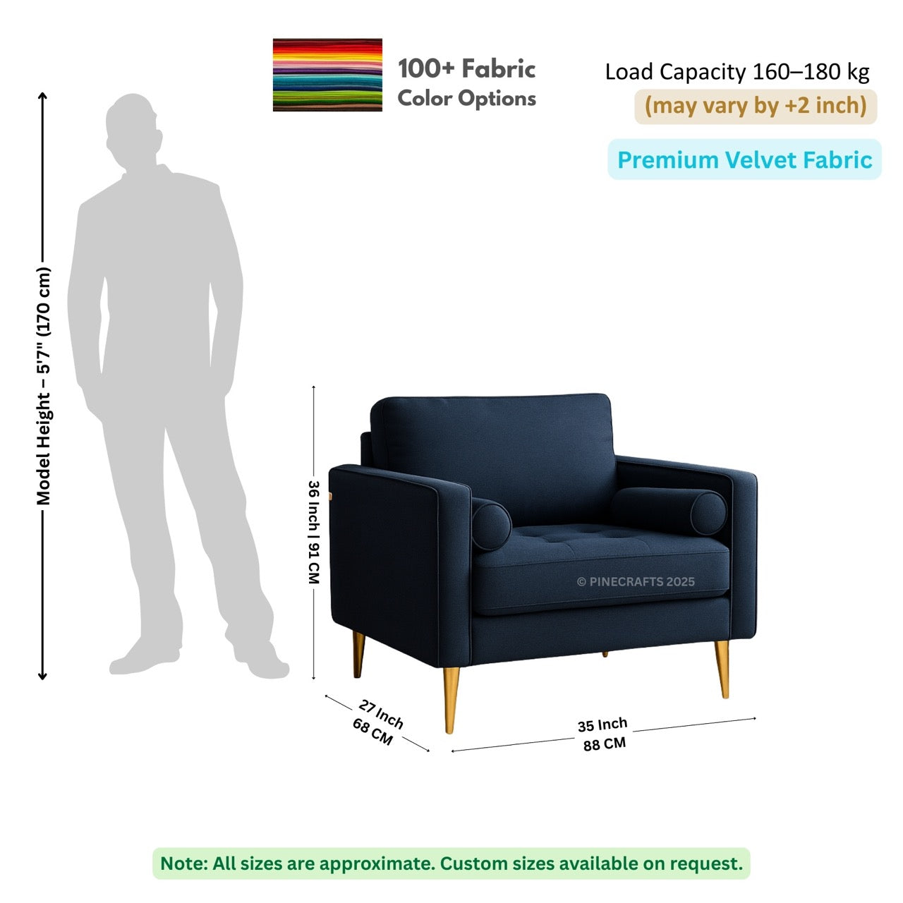 Navy blue armchair with dimensions and fabric information on a white background
