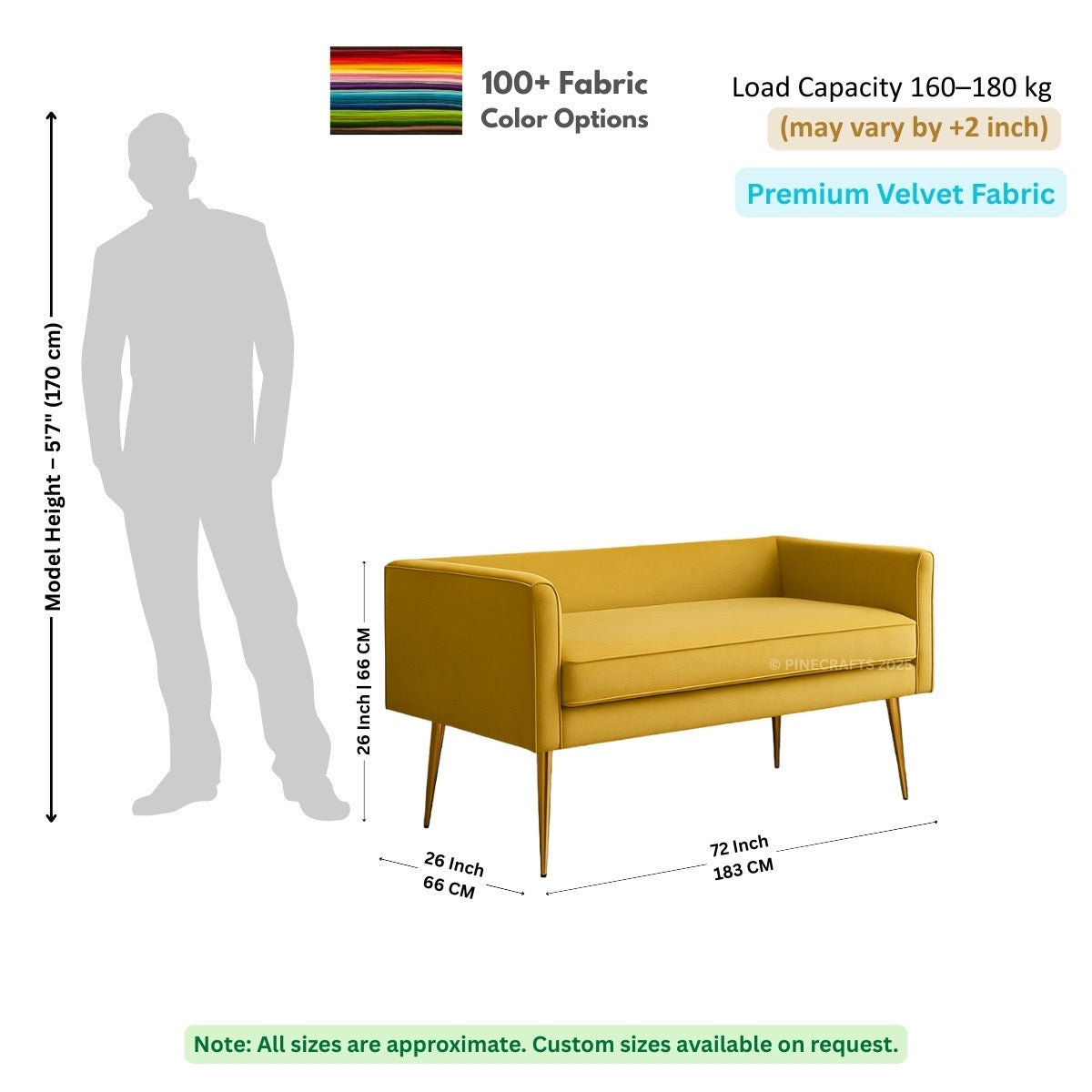 Yellow sofa with dimensions and fabric information on a white background