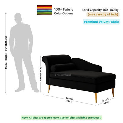 Black sofa with dimensions and fabric information on a white background