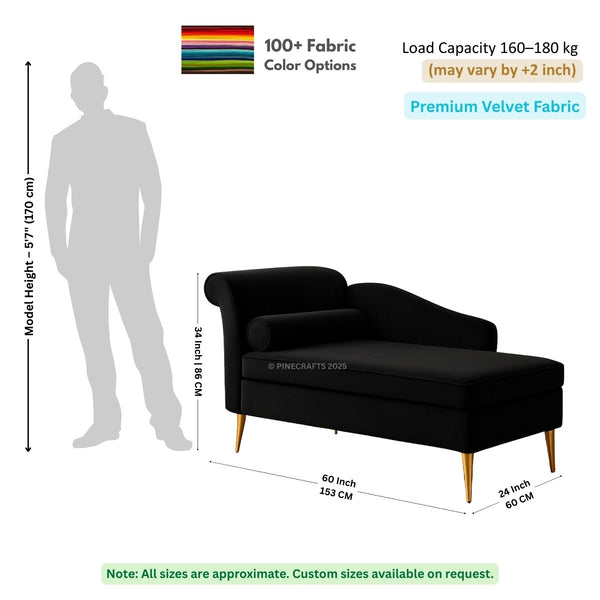 Black sofa with dimensions and fabric information on a white background